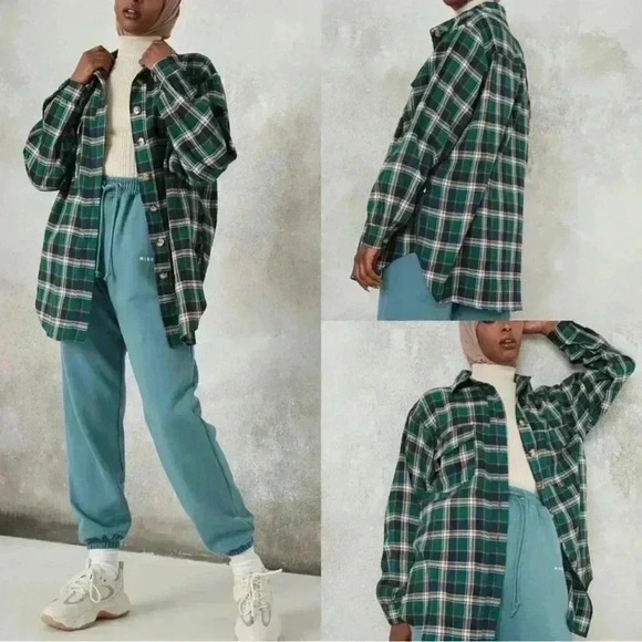 Missguided oversized shirt in green check Size 10 - Picture 1 of 4
